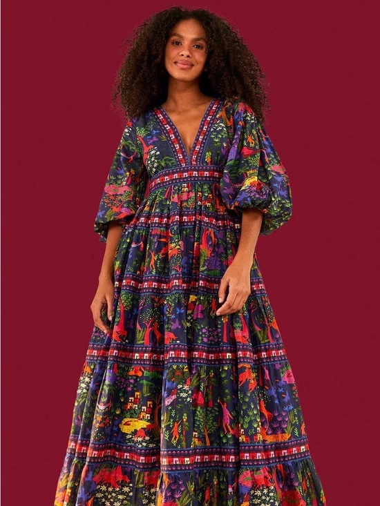 FARM Rio Dresses & Skirts - Farm Rio Utopia Puff Sleeve Tropical Midi Tier Dress NEW